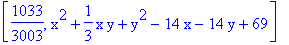 [1033/3003, x^2+1/3*x*y+y^2-14*x-14*y+69]